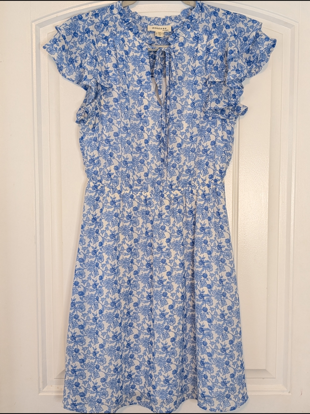 Monteau Blue and White Floral Patterned Ruffle Sleeve Dress - Picture 2 of 12